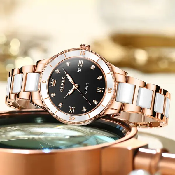 Olevs 9985 Stainless Steel Analog Wrist Watch For Women – Dial Color: Black, Strap Color:  Brown  – View 4