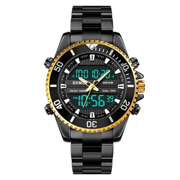Skmei 1850 Dual Movement Waterproof Multifunction Men's Watch – Dial Color: Gold, Strap Color: Black – View 1