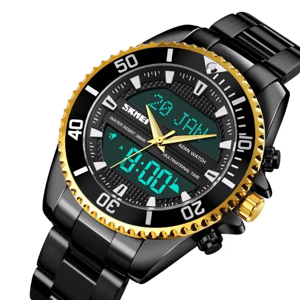 Skmei 1850 Dual Movement Waterproof Multifunction Men's Watch – Dial Color: Gold, Strap Color: Black – View 2