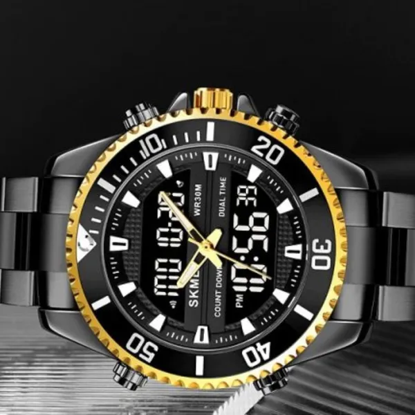 Skmei 1850 Dual Movement Waterproof Multifunction Men's Watch – Dial Color: Gold, Strap Color: Black – View 3