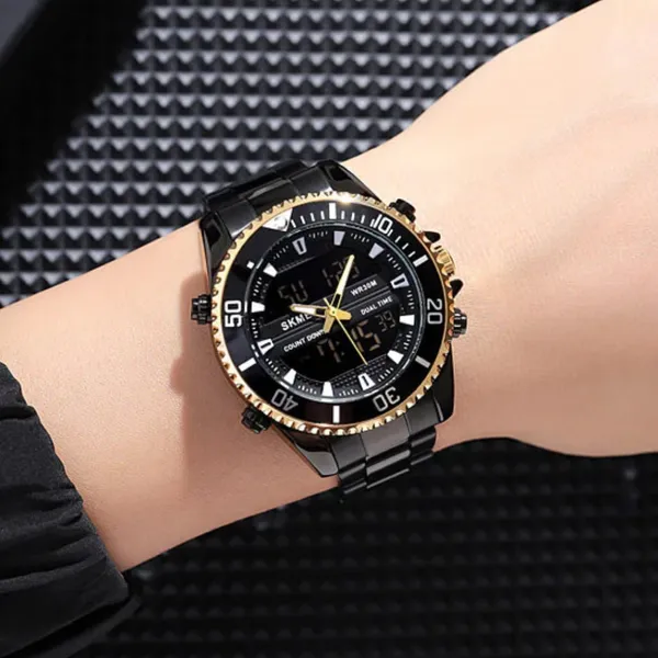 Skmei 1850 Dual Movement Waterproof Multifunction Men's Watch – Dial Color: Gold, Strap Color: Black – View 4