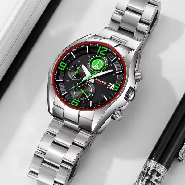 Skmei 9346 Multifunctional Quartz Men's Watch – Dial Color: Green, Strap Color: Silver – View 3