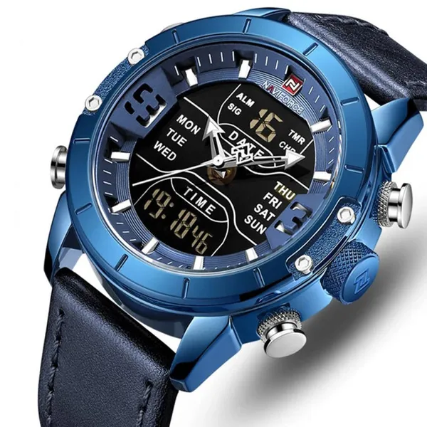 Naviforce NF9153 Genuine Leather Dual Display Luxury Fashion Men's Watch – Dial Color: Blue, Strap Color: Blue – View 2