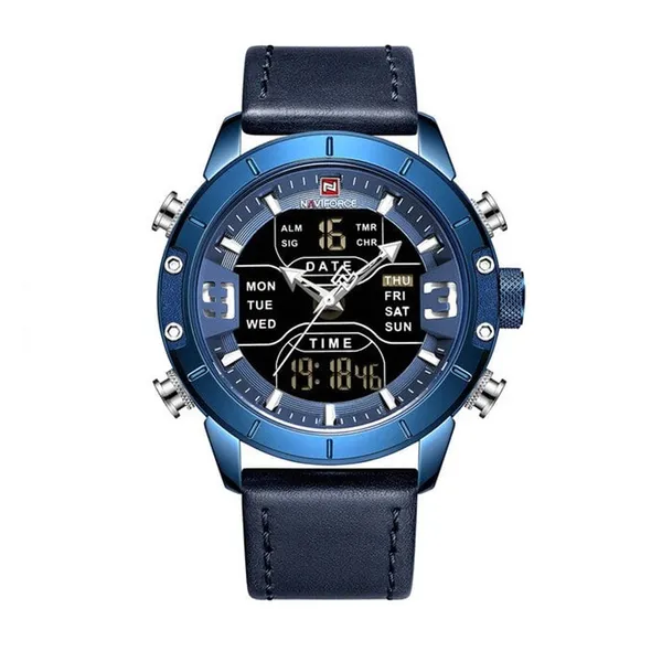 Naviforce NF9153 Genuine Leather Dual Display Luxury Fashion Men's Watch – Dial Color: Blue, Strap Color: Blue – View 1