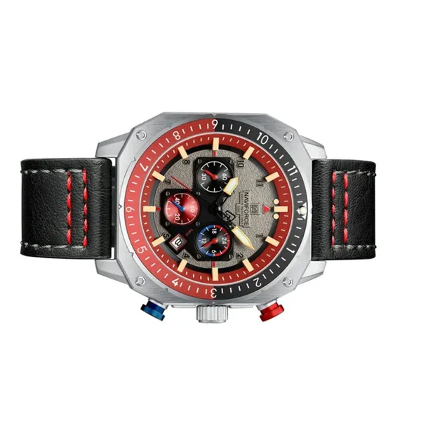 Naviforce 8057 High Quality Genuine Leather Straps Chronograph Men's Watch – Dial Color: Red, Strap Color: Red – View 2