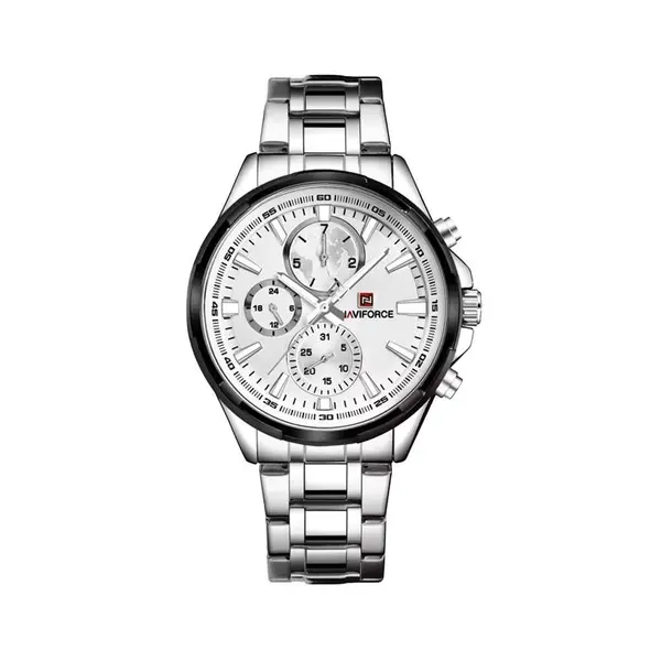 Naviforce NF9089 Stainless Steel Chronograph Multifunctional Classic Men's Watch – Dial Color: White, Strap Color: Silver – View 1