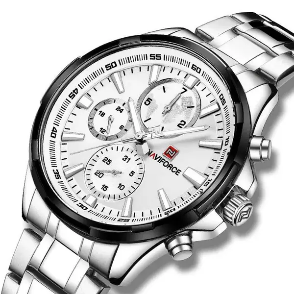 Naviforce NF9089 Stainless Steel Chronograph Multifunctional Classic Men's Watch – Dial Color: White, Strap Color: Silver – View 3