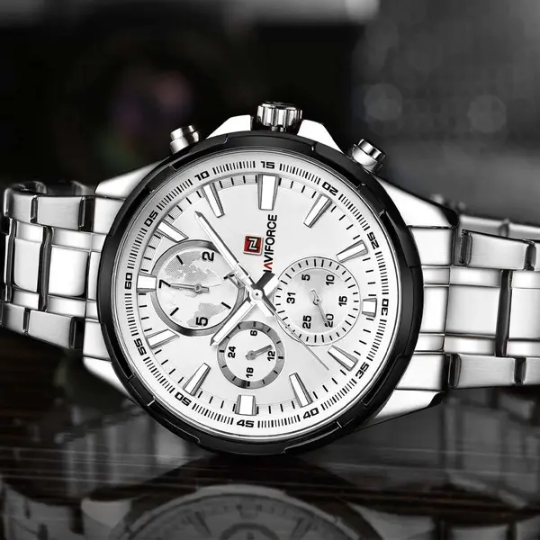 Naviforce NF9089 Stainless Steel Chronograph Multifunctional Classic Men's Watch – Dial Color: White, Strap Color: Silver – View 4