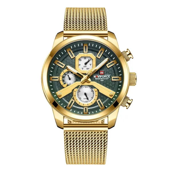 NaviForce NF9211 Chronograph Stainless Steel Luminous Men's Watch – Dial Color: Green, Strap Color: Gold  – View 1