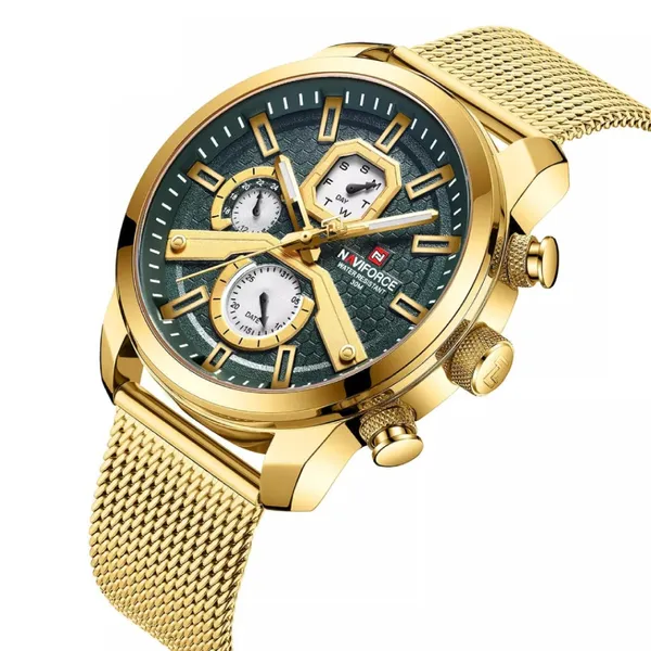 NaviForce NF9211 Chronograph Stainless Steel Luminous Men's Watch – Dial Color: Green, Strap Color: Gold  – View 2
