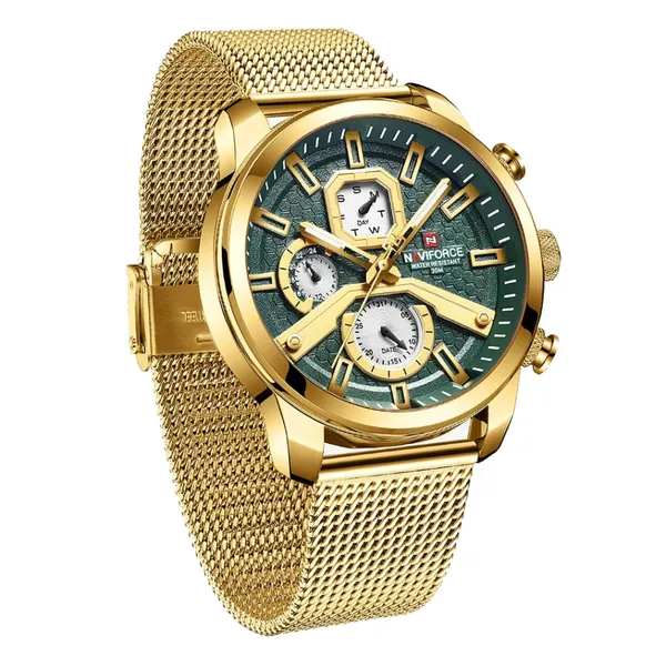NaviForce NF9211 Chronograph Stainless Steel Luminous Men's Watch – Dial Color: Green, Strap Color: Gold  – View 3