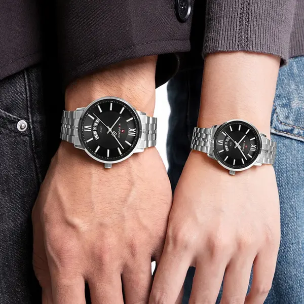 NAVIFORCE NF9238 Modern & Stylish Stainless Steel strap Calendar Analog Couple Watch – Dial Color: Black, Strap Color: Silver – View 2