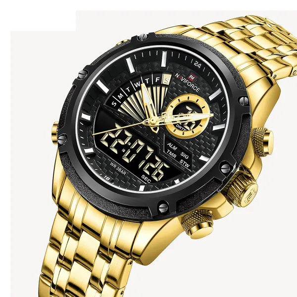 NAVIFORCE NF9205 Mechanical Style Dual Display Sports Men’s Watch – Dial Color: Black, Strap Color: Gold  – View 2
