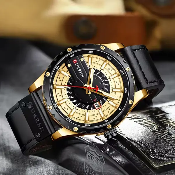 Curren 8374 Comfortable Genuine Leather Strap Casual Men's Watch – Dial Color: Black Gold, Strap Color: Black – View 3