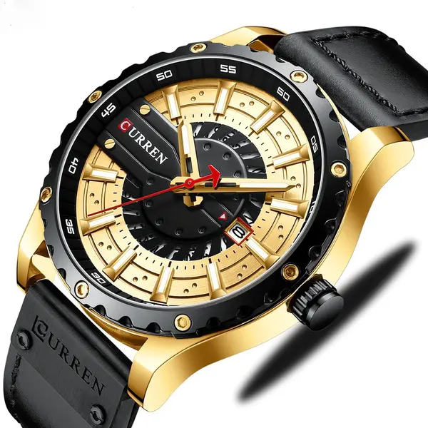 Curren 8374 Comfortable Genuine Leather Strap Casual Men's Watch – Dial Color: Black Gold, Strap Color: Black – View 2