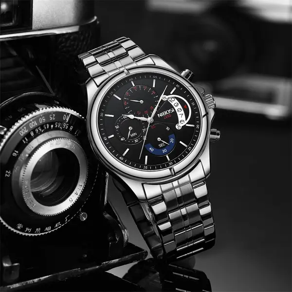 Nibosi 2522 High Quality Stainless Steel Analog Men's Watch  – Dial Color: Black, Strap Color: Silver – View 3