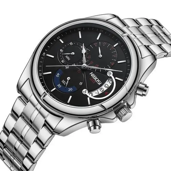 Nibosi 2522 High Quality Stainless Steel Analog Men's Watch  – Dial Color: Black, Strap Color: Silver – View 2