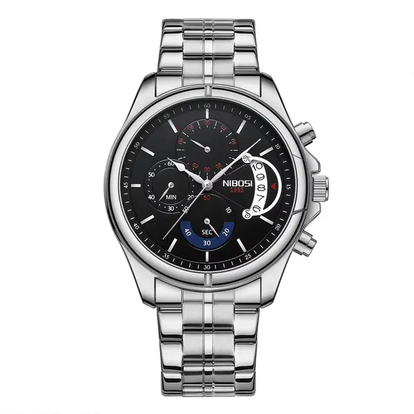 Nibosi 2522 High Quality Stainless Steel Analog Men's Watch  – Dial Color: Black, Strap Color: Silver – View 1