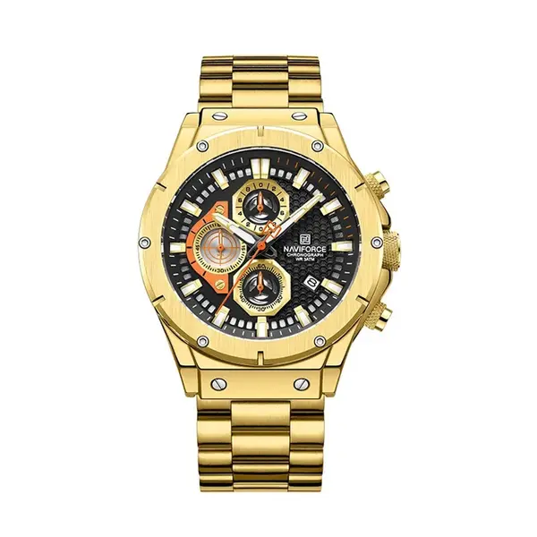 Naviforce NF8026 Luxury Stainless Steel Quartz Analog Men's Watch – Dial Color: Black, Strap Color: Gold  – View 1