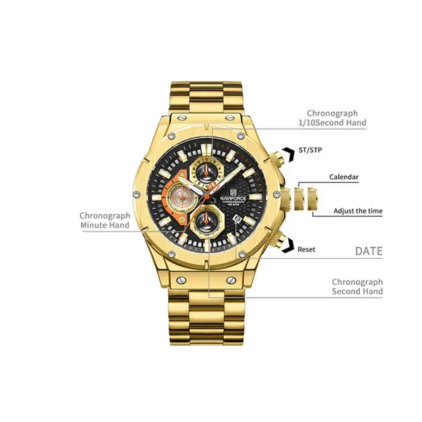 Naviforce NF8026 Luxury Stainless Steel Quartz Analog Men's Watch – Dial Color: Black, Strap Color: Gold  – View 4