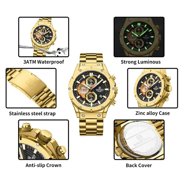 Naviforce NF8026 Luxury Stainless Steel Quartz Analog Men's Watch – Dial Color: Black, Strap Color: Gold  – View 6