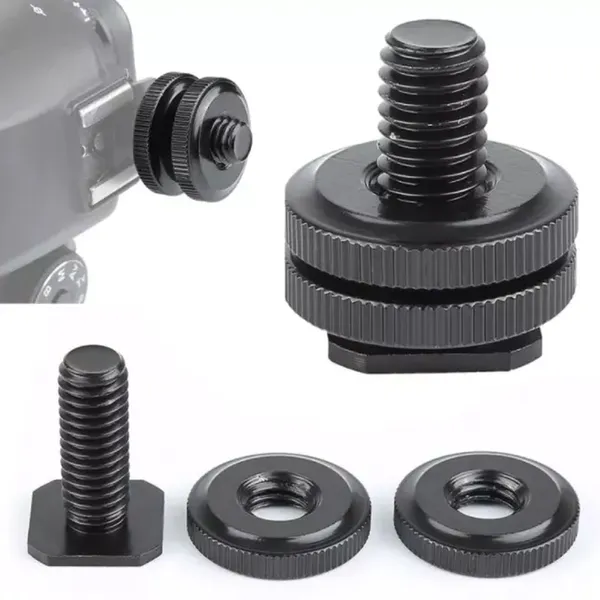 1/4 Inch Double Nut Cold Shoe Tripod Mount to Flash Hot Shoe Screw Adapter – View 1