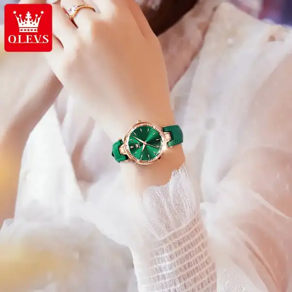 Olevs 6645 Diamond Studded Rose Gold Dial Leather Strap Waterproof Quartz Analog Women's Watch – Dial Color: Green, Strap Color: Green  – View 2