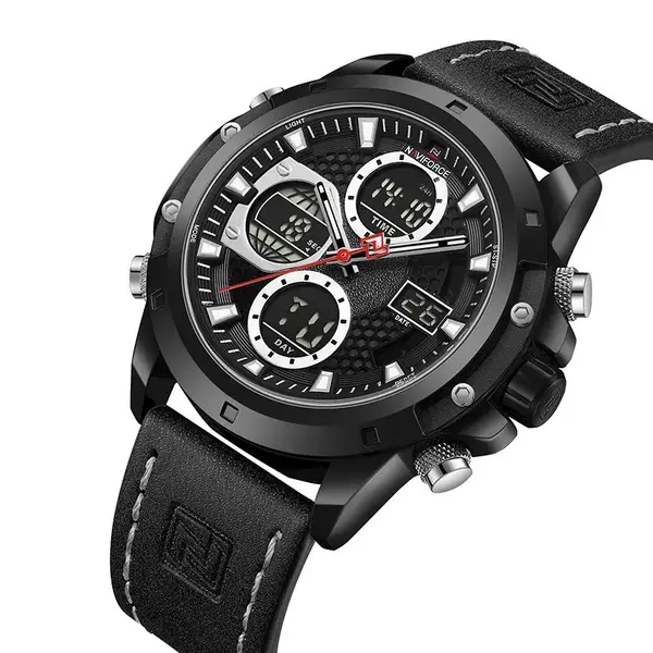 Naviforce NF9225 Elite Leather Dual Time Quartz Classic Men's Watch – Dial Color: Black, Strap Color: Black – View 3