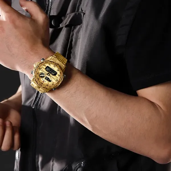 Naviforce 9234 High Quality Stainless Steel Dual Movement Sport Fashion Men Watch – Dial Color: Gold, Strap Color: Gold  – View 2