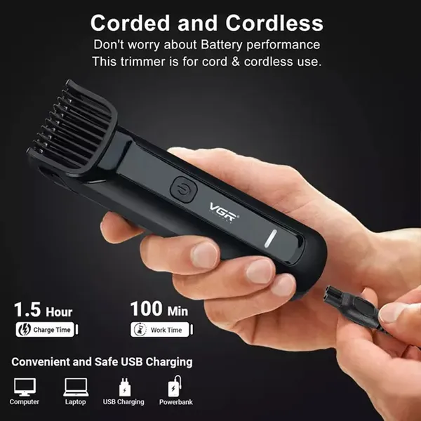 VGR V-929 Professional Rechargeable Hair Trimmer with LED Display 100 Minutes Run Time Black – View 5