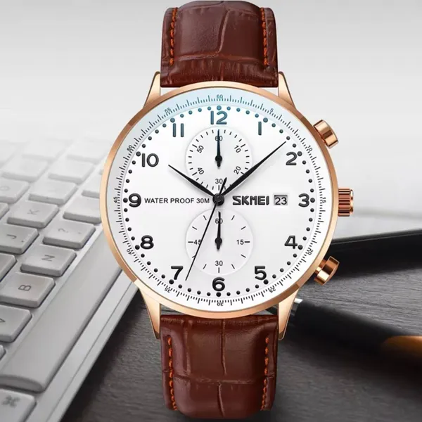 Skmei 9301 Leather Quartz Stainless Steel Men's Watch – Dial Color: White, Strap Color:  Brown  – View 5