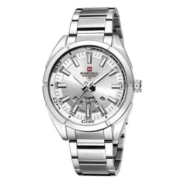 Naviforce NF9038 Luxury Quartz Stailness Steel Men's Watch – Dial Color: Silver, Strap Color: Silver – View 1