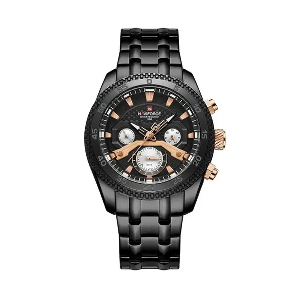 Naviforce NF9222 Luxury Stainless Steel Quartz Analog Men's Watch – Dial Color: Black, Strap Color: Black – View 1