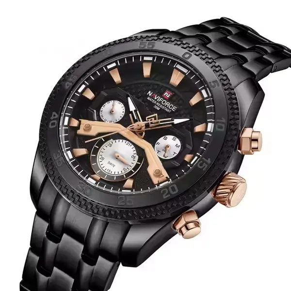 Naviforce NF9222 Luxury Stainless Steel Quartz Analog Men's Watch – Dial Color: Black, Strap Color: Black – View 3