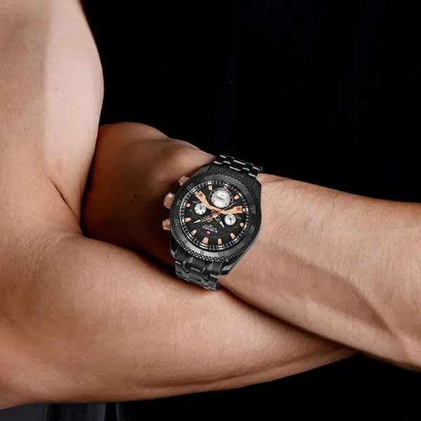 Naviforce NF9222 Luxury Stainless Steel Quartz Analog Men's Watch – Dial Color: Black, Strap Color: Black – View 4