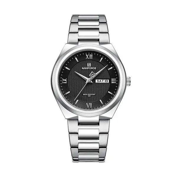 Naviforce NF8030 Military Stainless Steel Quartz Analog Men’s Watch – Dial Color: Black, Strap Color: Silver – View 1