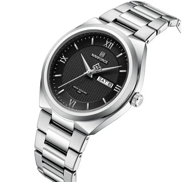 Naviforce NF8030 Military Stainless Steel Quartz Analog Men’s Watch – Dial Color: Black, Strap Color: Silver – View 3