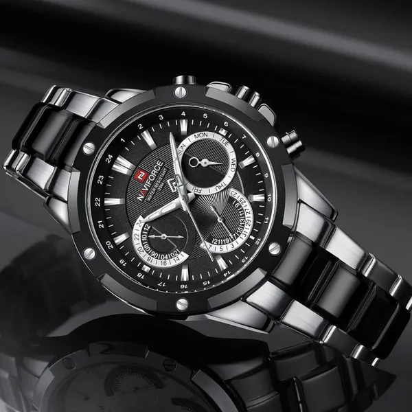 NAVIFORCE NF9196 Silver Stainless Steel Chronograph Men's Watch – Dial Color: Black, Strap Color: Silver – View 4
