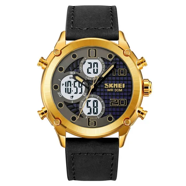 SKMEI 1975 Digital Analog Business Leather Strap Men's Watch – Dial Color: Gold, Strap Color: Black – View 1