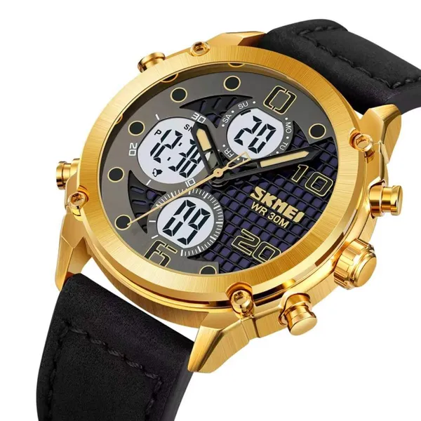SKMEI 1975 Digital Analog Business Leather Strap Men's Watch – Dial Color: Gold, Strap Color: Black – View 2