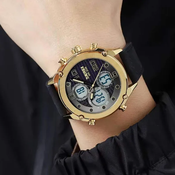 SKMEI 1975 Digital Analog Business Leather Strap Men's Watch – Dial Color: Gold, Strap Color: Black – View 4