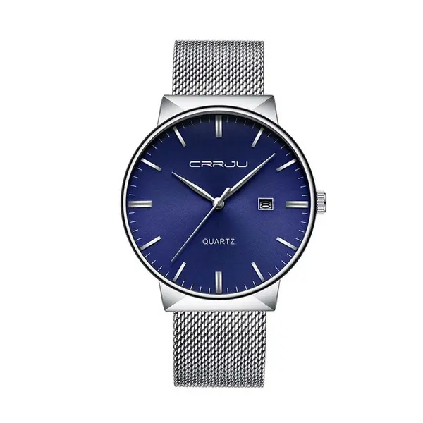 CRRJU 2213 Ultrathin Stainless Steel Multifunctional Analog Quartz Men's Watch – Dial Color: Blue, Strap Color: Silver – View 1