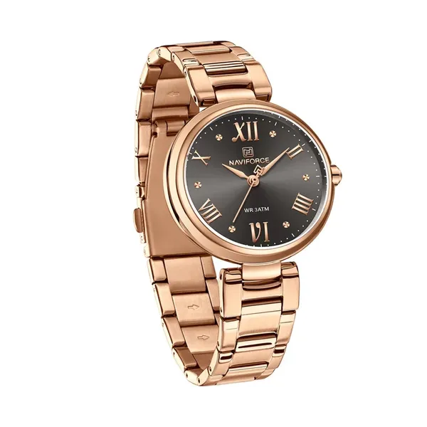 Naviforce 5030 Stainless Steel Luxury Quartz Wristwatch for Women – Dial Color: Black, Strap Color: Gold  – View 2