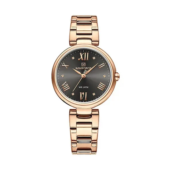 Naviforce 5030 Stainless Steel Luxury Quartz Wristwatch for Women – Dial Color: Black, Strap Color: Gold  – View 1