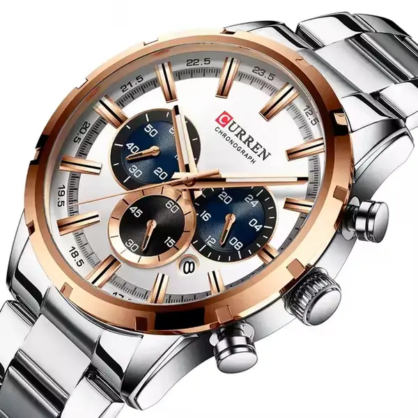 Curren 8355 High Quality Stainless Steel Chronograph Men's Watch – Dial Color: Brown, Strap Color: Silver – View 2