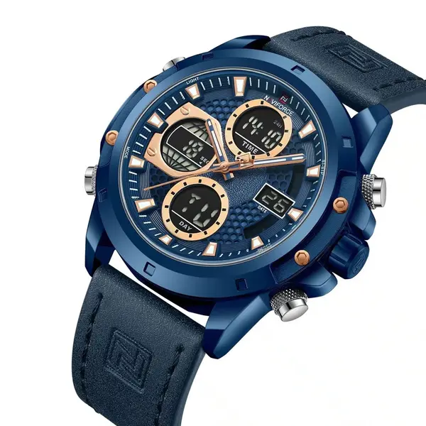 Naviforce NF9225 Elite Leather Dual Time Quartz Classic Men's Watch – Dial Color: Blue, Strap Color: Blue – View 3
