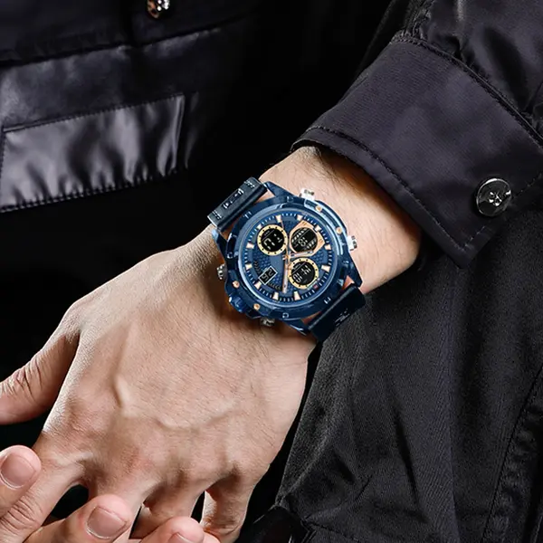Naviforce NF9225 Elite Leather Dual Time Quartz Classic Men's Watch – Dial Color: Blue, Strap Color: Blue – View 4