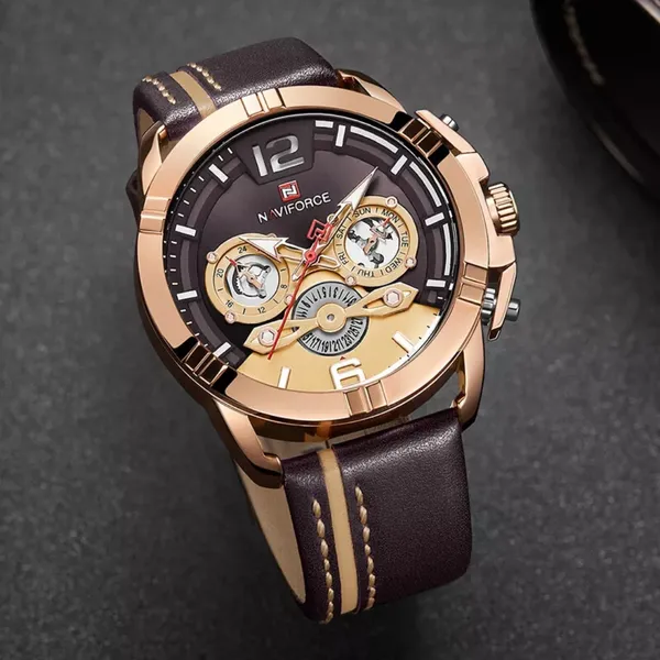 NAVIFORCE NF9168 Leather Strap Luxury Sports Men's Watch – Dial Color: Gold, Strap Color:  Brown  – View 4