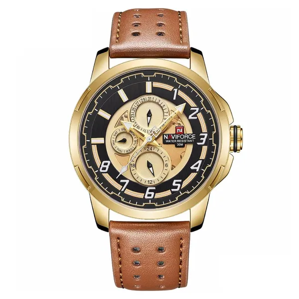 NAVIFORCE NF9142 PU Leather Chronograph Men's Watch – Dial Color: Gold, Strap Color: Brown – View 1