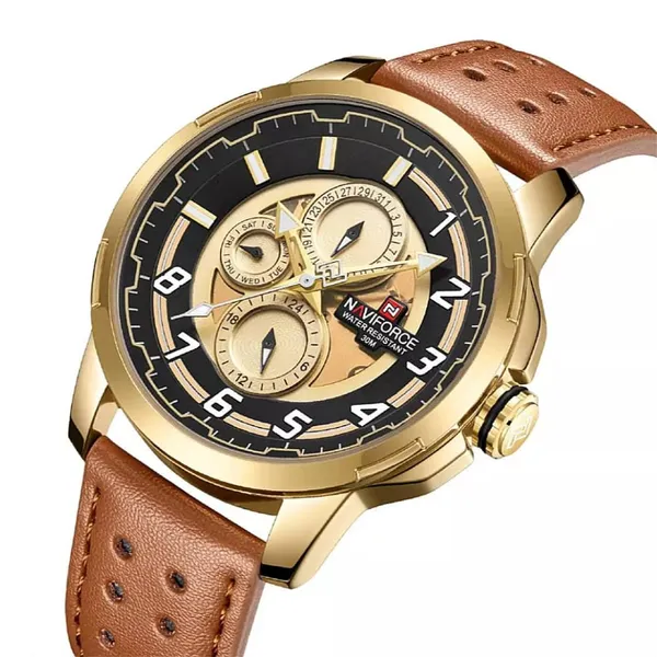NAVIFORCE NF9142 PU Leather Chronograph Men's Watch – Dial Color: Gold, Strap Color: Brown – View 2